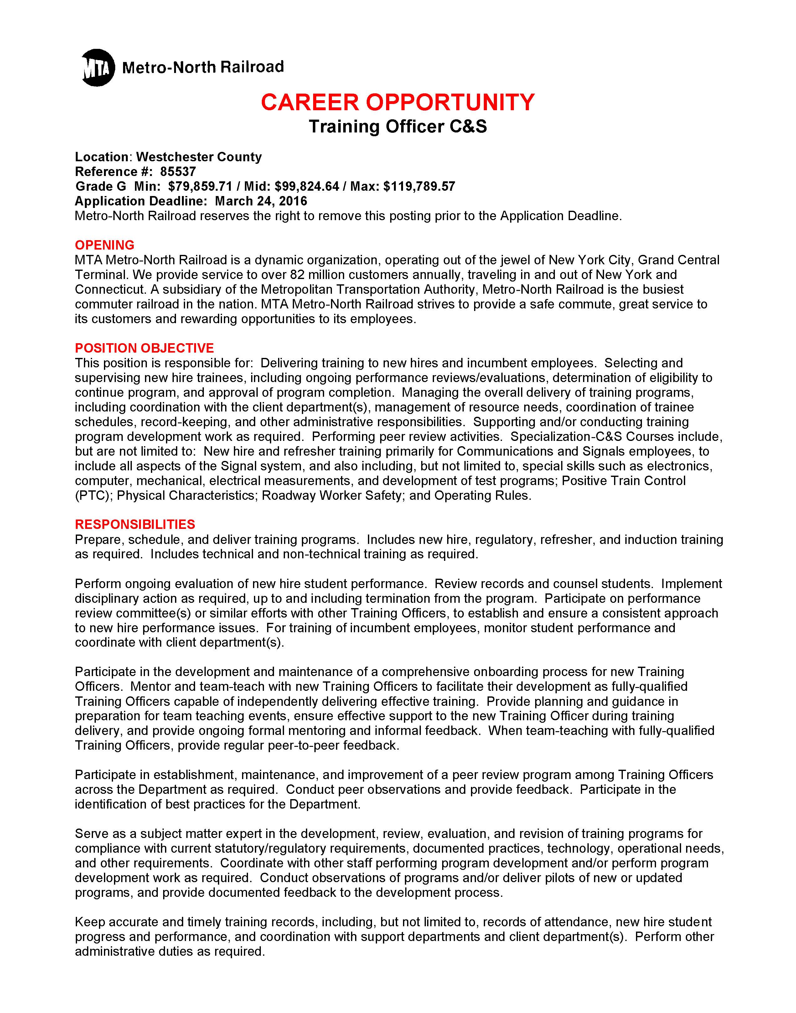 MTA Metro-North Railroad is hiring Training Officer C&S # 85537 | Community  Board 8 Brooklyn